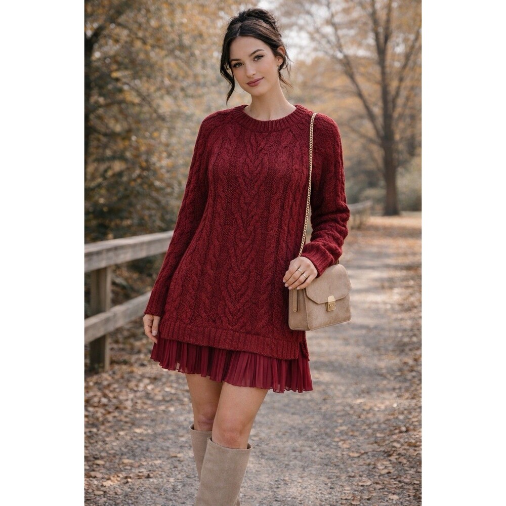 Fashion Clothing Red burgundy Cable Knit Sweater Dress Pleated Hem Crew Neck S